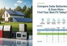 Solar Battery Systems Comparison showcasing Tesla Powerwall, LG Chem, Sonnen eco in a smart home setup with solar panels and modern backup storage.