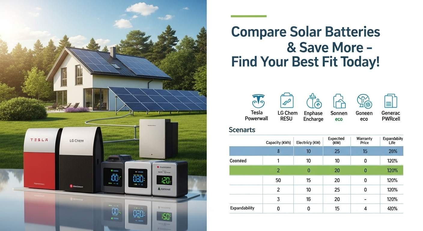 Solar Battery Systems Comparison showcasing Tesla Powerwall, LG Chem, Sonnen eco in a smart home setup with solar panels and modern backup storage.