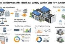 "Home solar battery system sizing visual guide with solar panels, battery storage unit, and performance efficiency icons"