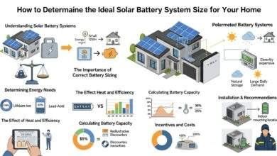 "Home solar battery system sizing visual guide with solar panels, battery storage unit, and performance efficiency icons"