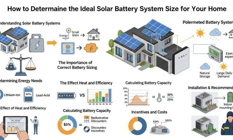 "Home solar battery system sizing visual guide with solar panels, battery storage unit, and performance efficiency icons"