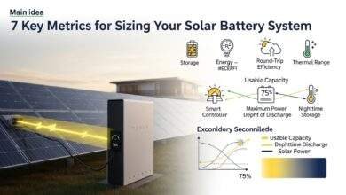 Solar battery system sizing and capacity infographic featuring 7 key metrics like usable capacity, DoD, and round-trip efficiency in a sunny, modern home setup.