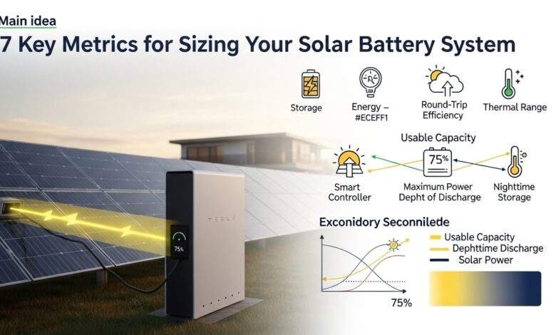 Solar battery system sizing and capacity infographic featuring 7 key metrics like usable capacity, DoD, and round-trip efficiency in a sunny, modern home setup.