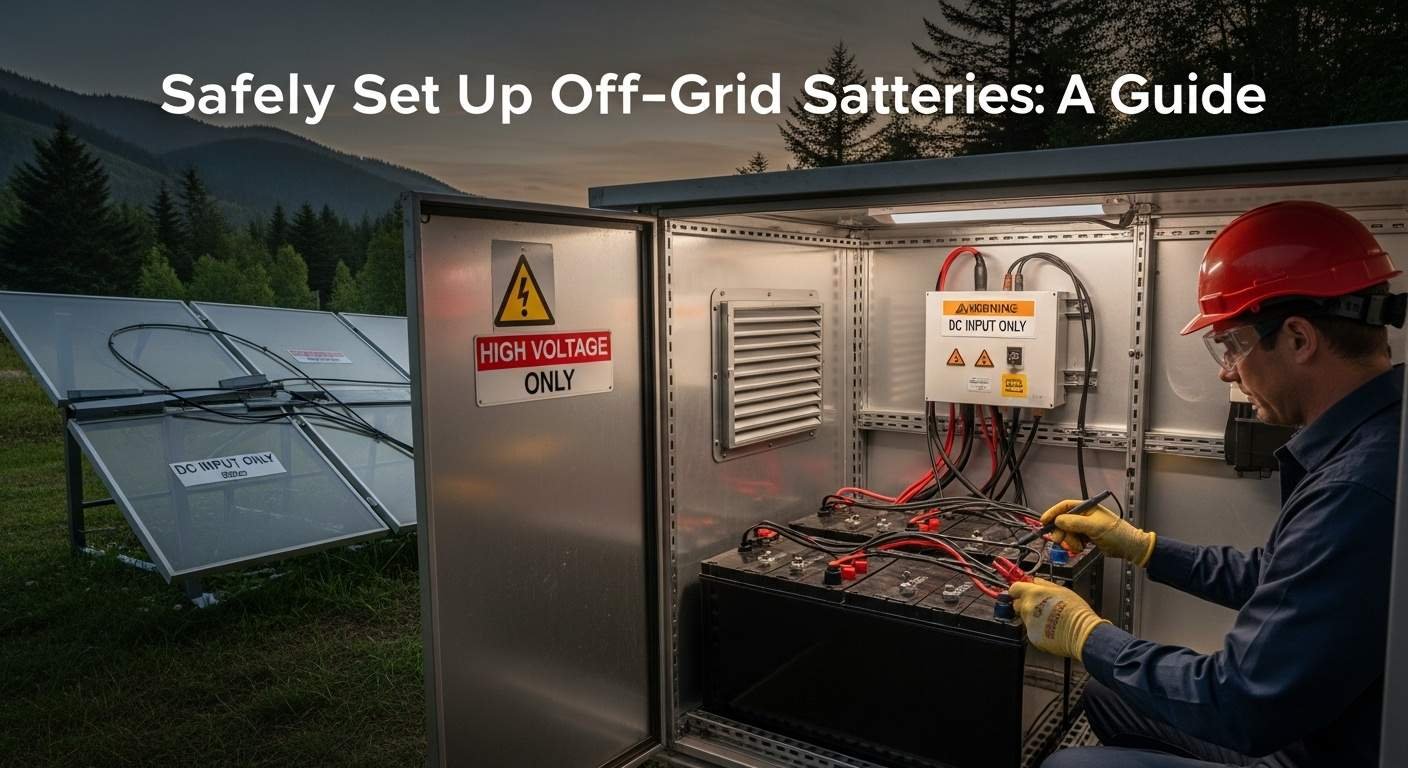 "how to safely install solar batteries off-grid with technician wiring battery bank in a remote, well-ventilated solar power setup"