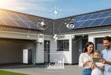 solar battery system connected to a modern home with solar panels and family checking energy savings