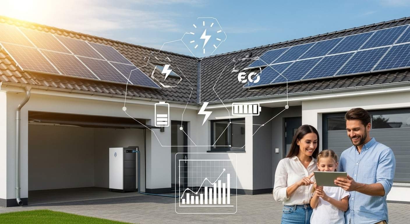 solar battery system connected to a modern home with solar panels and family checking energy savings