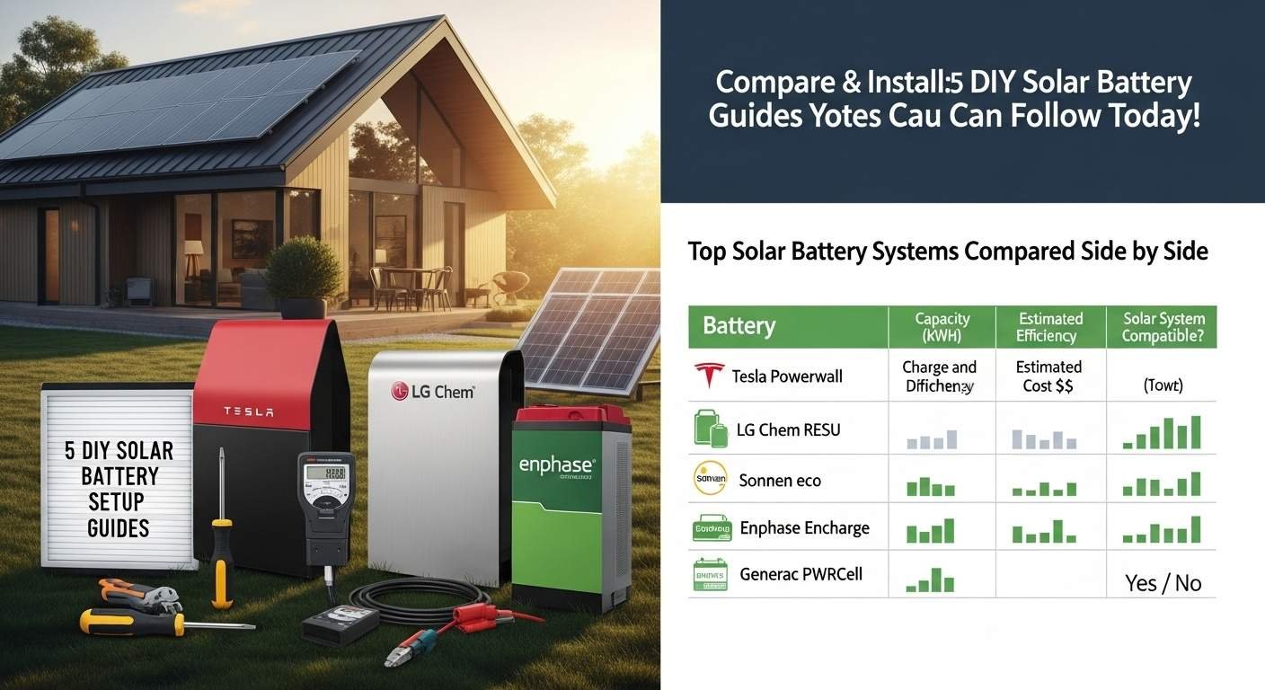 A DIY solar battery installation setup with Tesla Powerwall, LG Chem, and tools beside a modern home with solar panels, sunlight highlighting the energy system.