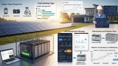 Modern solar battery system setup with lithium-ion batteries, solar panels, and energy-saving tips displayed on a digital screen.