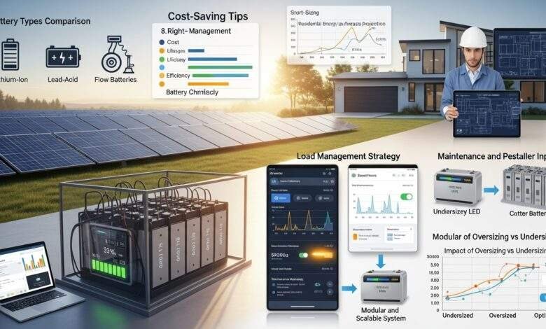 Modern solar battery system setup with lithium-ion batteries, solar panels, and energy-saving tips displayed on a digital screen.
