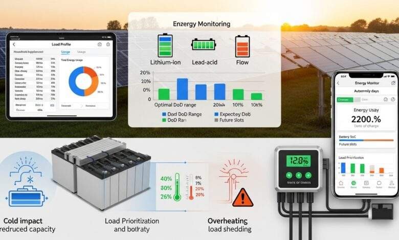 A smart solar battery system setup illustrating capacity planning, battery modules, solar panels, and real-time energy monitoring.