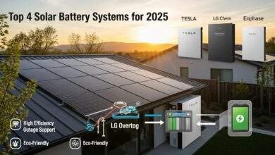 Solar Battery Systems Comparison: 4 Top Picks showing modern solar panels and battery units with sunset lighting and energy efficiency features.