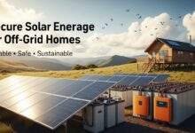 Secure solar energy storage for off-grid homes in a remote, nature-surrounded setting.