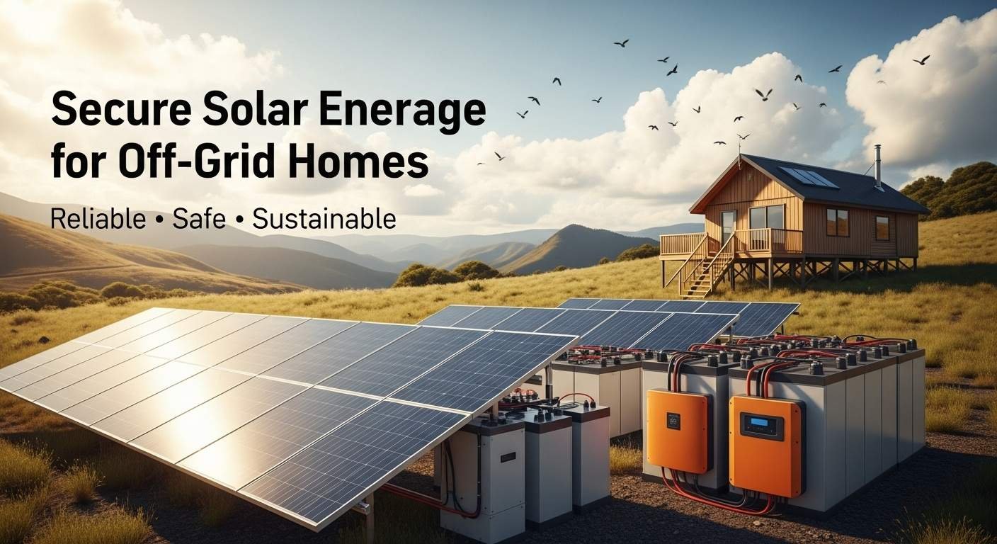 Secure solar energy storage for off-grid homes in a remote, nature-surrounded setting.