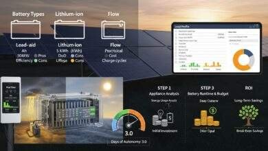 A solar battery system sizing and capacity setup with lithium-ion batteries, solar panels, and digital monitoring screens.