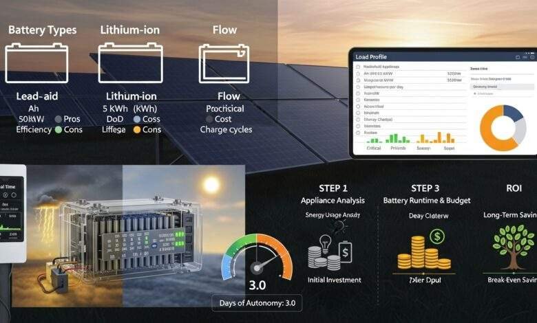 A solar battery system sizing and capacity setup with lithium-ion batteries, solar panels, and digital monitoring screens.