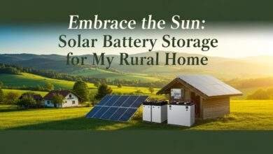 "solar battery storage for rural homes in a peaceful countryside landscape with solar panels and battery units under bright sunlight"