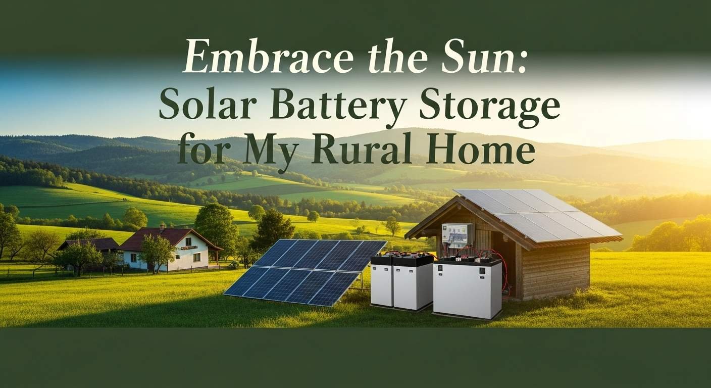 "solar battery storage for rural homes in a peaceful countryside landscape with solar panels and battery units under bright sunlight"