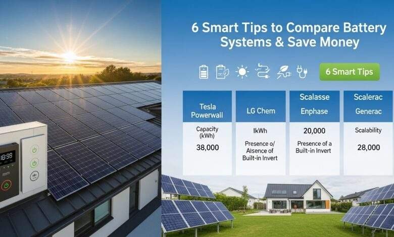 Solar Battery Systems Comparison showing smart home battery setup, solar panels, and energy efficiency tips in a bright, eco-friendly environment.