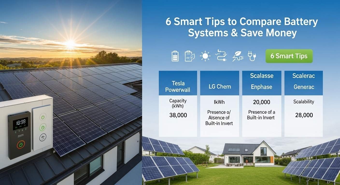 Solar Battery Systems Comparison showing smart home battery setup, solar panels, and energy efficiency tips in a bright, eco-friendly environment.
