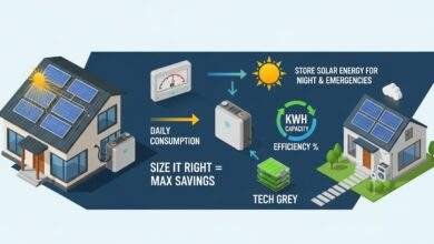 "Illustration of solar battery systems sizing and capacity planning with solar panels, battery storage unit, and energy efficiency flow icons"