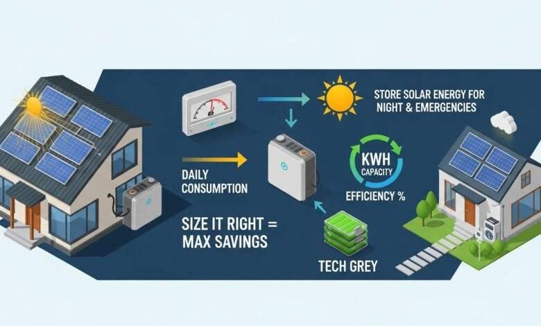 "Illustration of solar battery systems sizing and capacity planning with solar panels, battery storage unit, and energy efficiency flow icons"