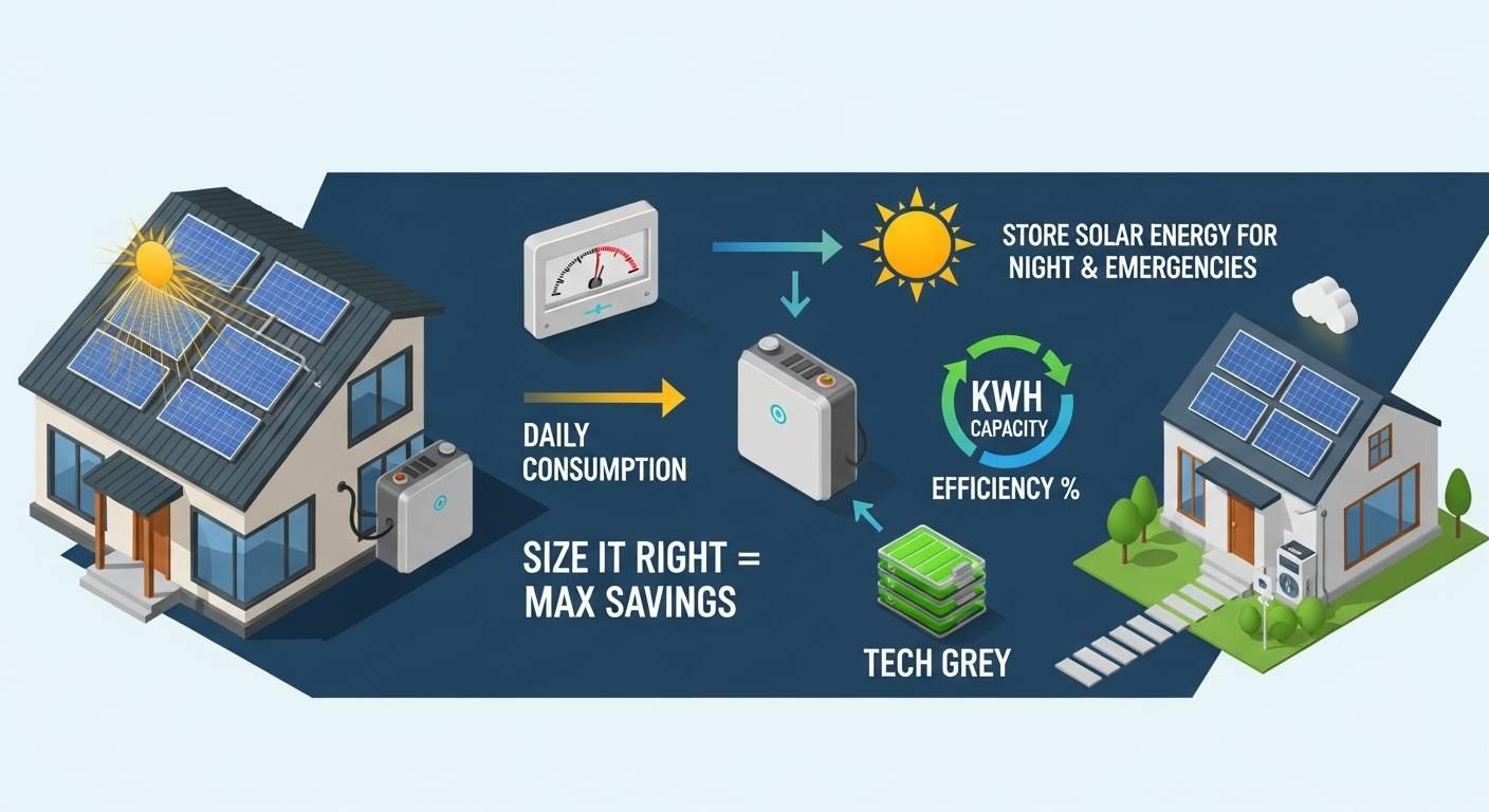 "Illustration of solar battery systems sizing and capacity planning with solar panels, battery storage unit, and energy efficiency flow icons"