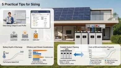 Solar battery system sizing and capacity illustration with modular batteries, energy meters, and backup duration indicators under clear sunlight.