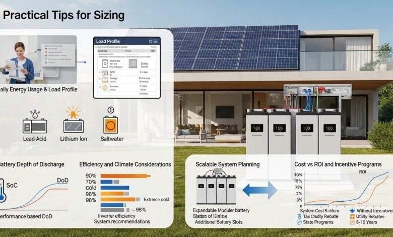 Solar battery system sizing and capacity illustration with modular batteries, energy meters, and backup duration indicators under clear sunlight.