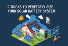 9 tricks to perfectly size your solar battery system with illustrated solar panels, home battery storage, and energy optimization visuals