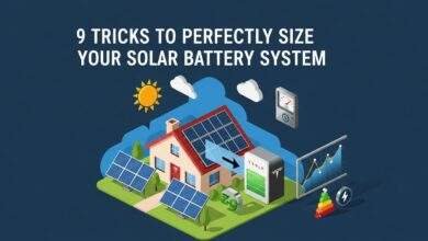 9 tricks to perfectly size your solar battery system with illustrated solar panels, home battery storage, and energy optimization visuals