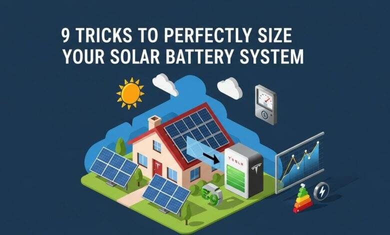 9 tricks to perfectly size your solar battery system with illustrated solar panels, home battery storage, and energy optimization visuals