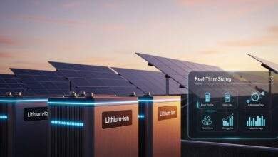 Sleek solar battery sizing system showing lithium-ion batteries, solar panels, and sizing metrics at sunset.
