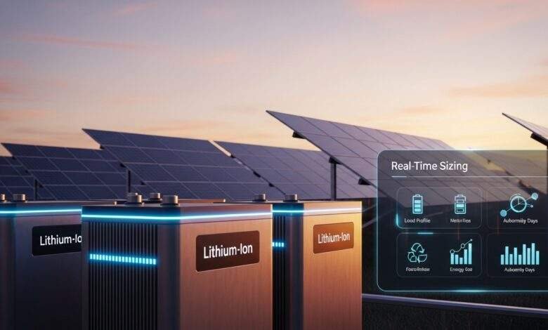 Sleek solar battery sizing system showing lithium-ion batteries, solar panels, and sizing metrics at sunset.