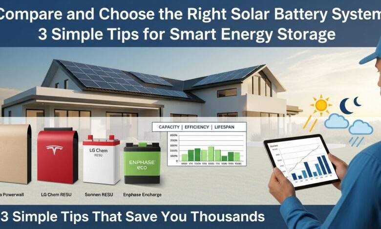solar battery systems comparison showing Tesla Powerwall, LG Chem, Sonnen, Enphase with capacity and efficiency ratings
