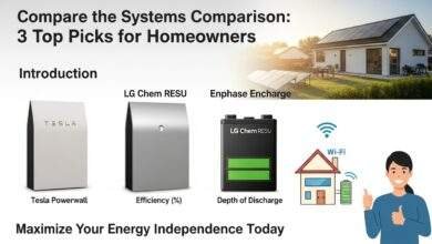 Solar battery systems comparison showcasing Tesla Powerwall, LG Chem RESU, and Enphase Encharge for homeowners with performance and capacity ratings