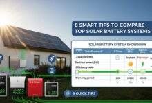 Solar Battery Systems Comparison featuring Tesla Powerwall, LG Chem, Enphase, and Sonnen eco beside a modern home under bright sunlight.
