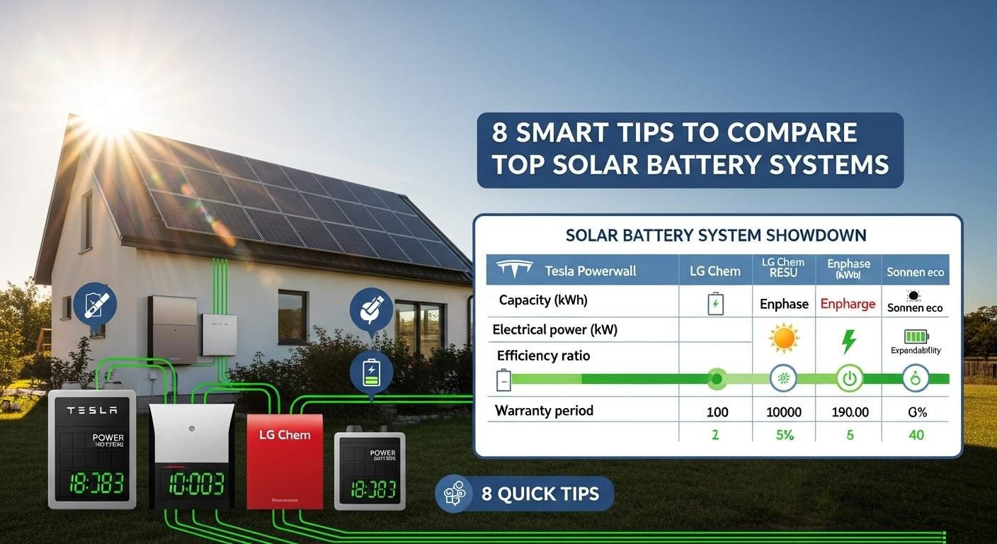 Solar Battery Systems Comparison featuring Tesla Powerwall, LG Chem, Enphase, and Sonnen eco beside a modern home under bright sunlight.