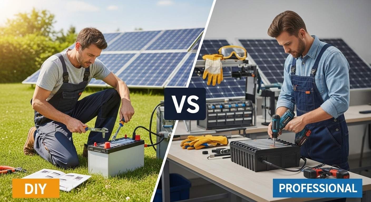 Split view of DIY vs professional solar battery installation with tools, safety gear, and contrasting workspaces