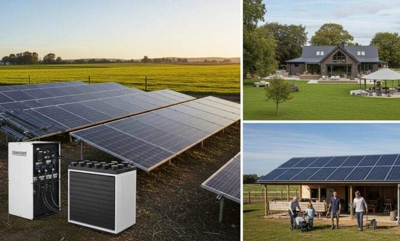 Rural property with solar panels and battery storage system for energy independence and savings through government rebates