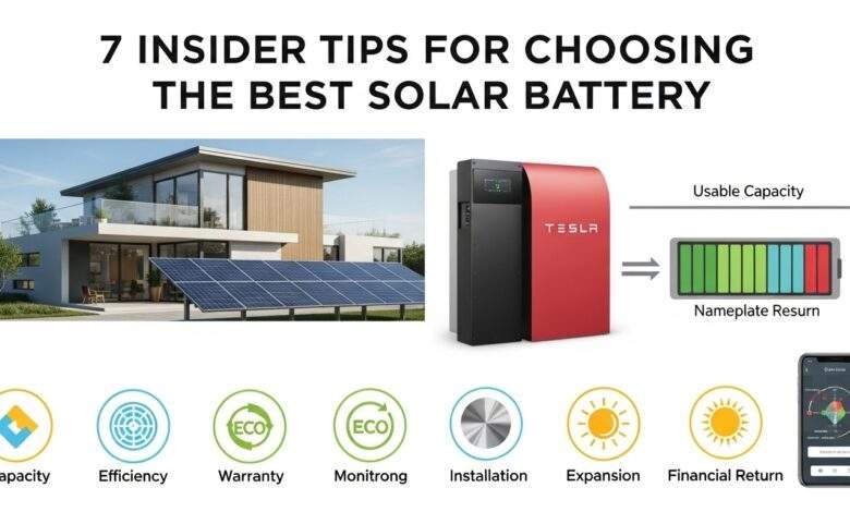 "7 tips solar energy storage comparison illustration featuring solar panels, battery units, smart monitoring, and key performance metrics"