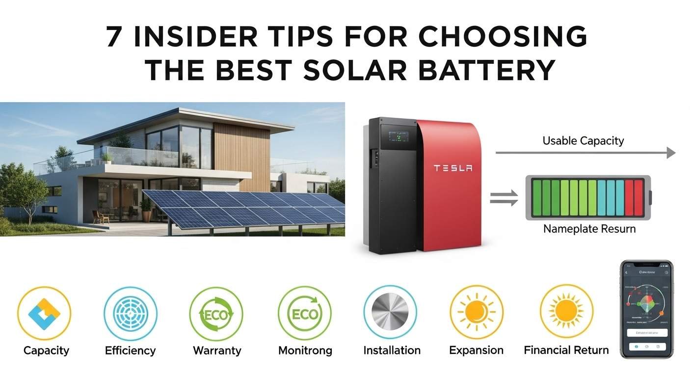 "7 tips solar energy storage comparison illustration featuring solar panels, battery units, smart monitoring, and key performance metrics"