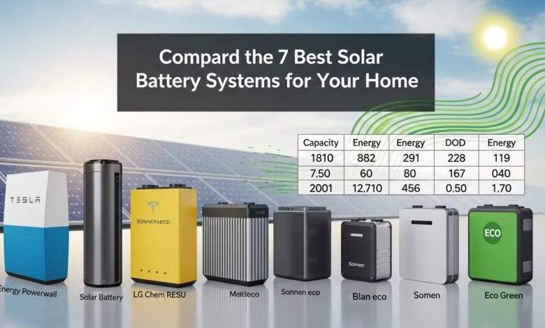 "Side-by-side comparison of 7 top solar battery systems for home use, featuring Tesla Powerwall, LG Chem, Sonnen eco, and others, with performance specs and sleek design"
