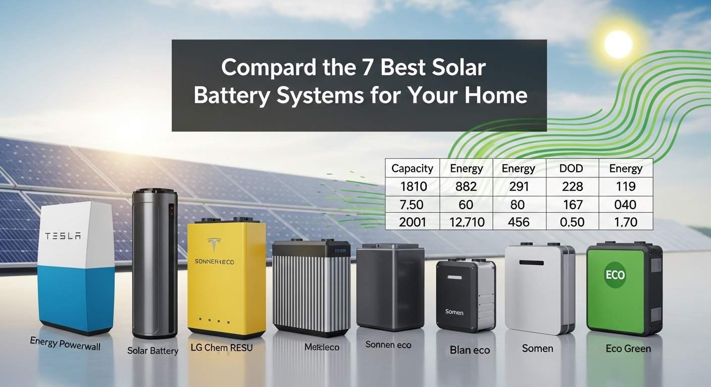 "Side-by-side comparison of 7 top solar battery systems for home use, featuring Tesla Powerwall, LG Chem, Sonnen eco, and others, with performance specs and sleek design"
